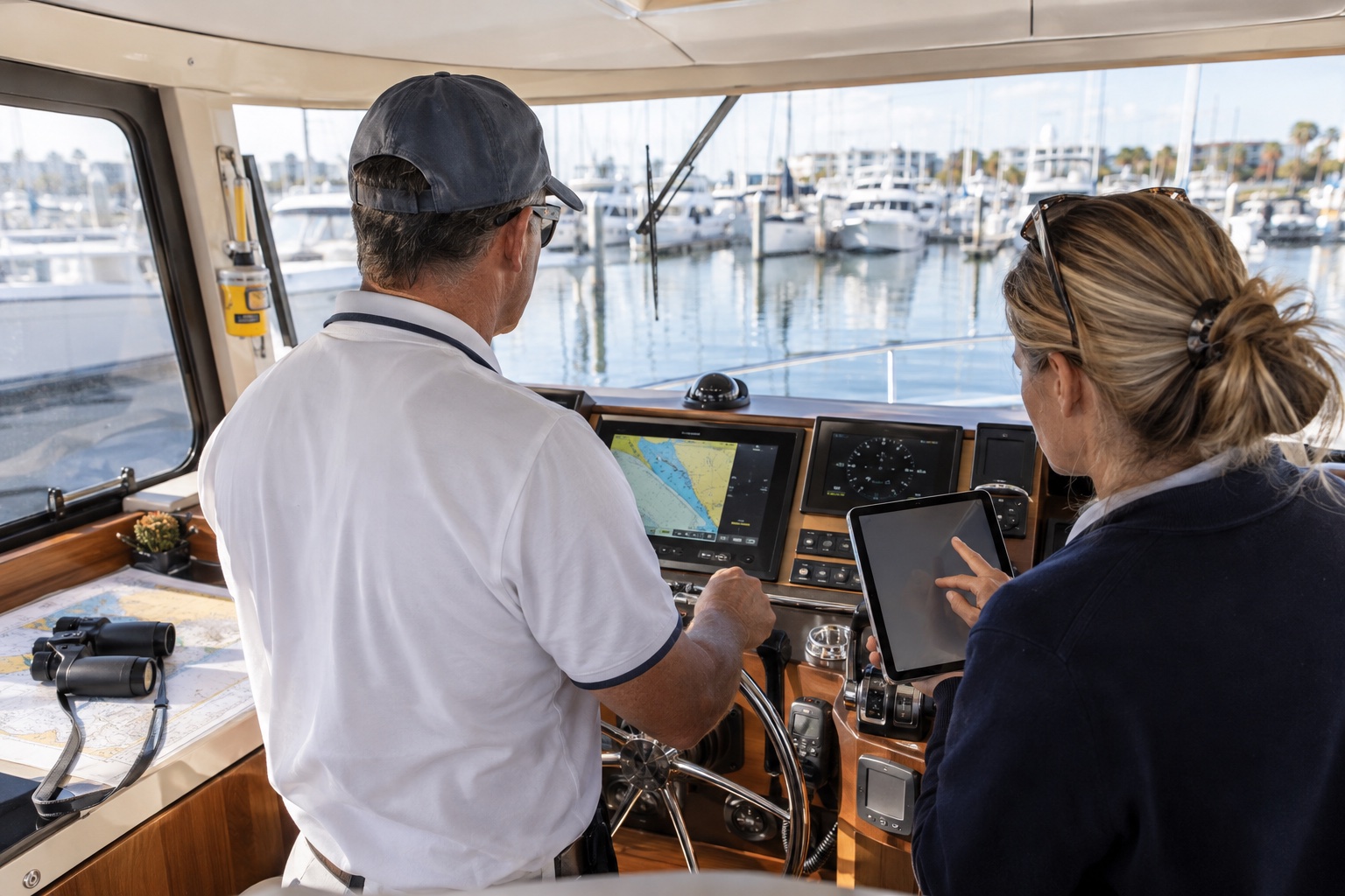 Captain and owner reviewing a yacht departure checklist at the helm