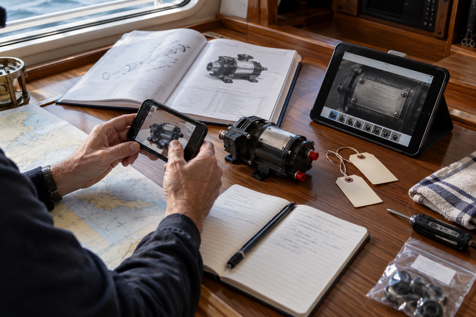 Vessel owner reviewing equipment records, manuals, and identifying photos at the navigation table