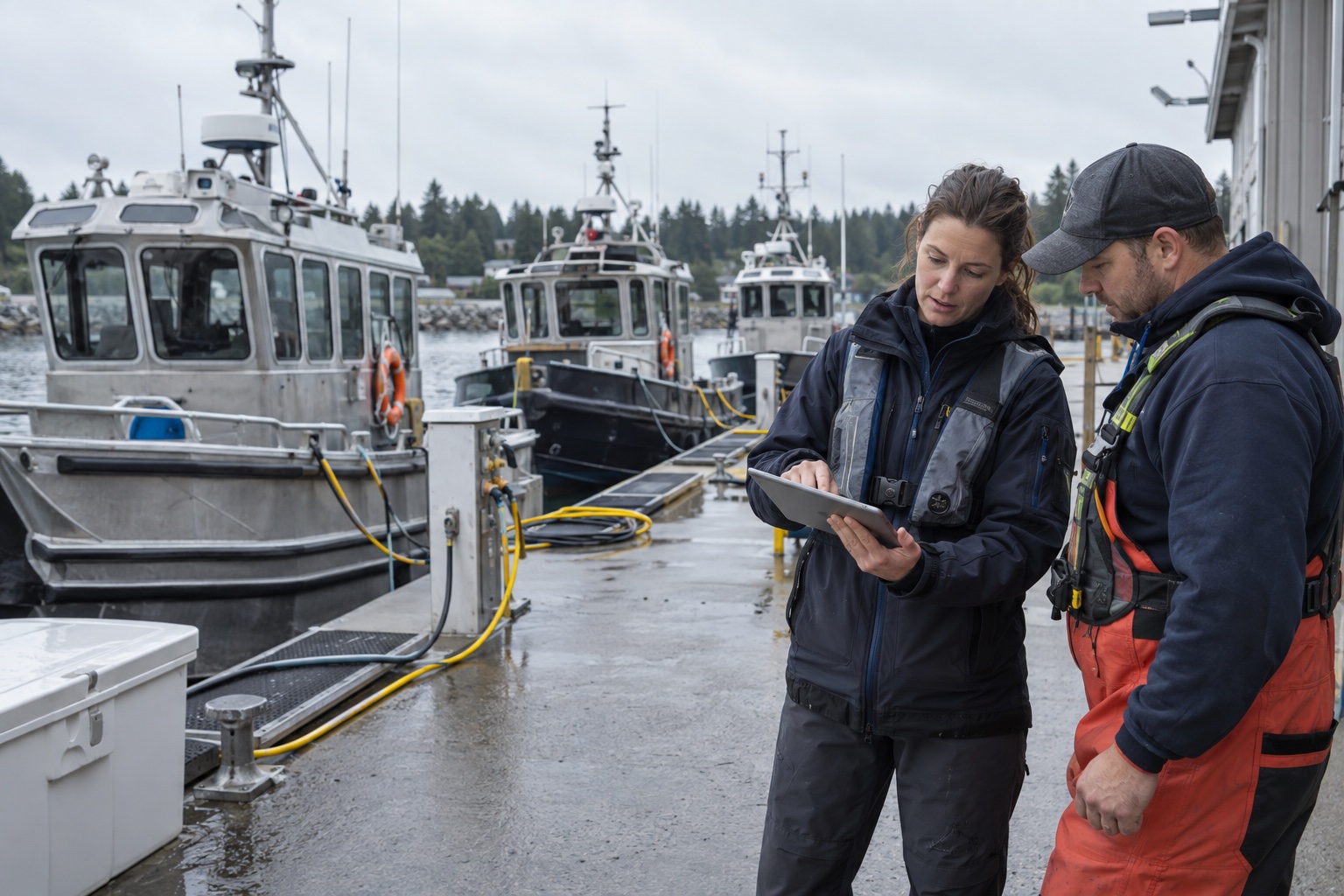 Small work-boat fleet and crew coordinating maintenance at a working dock