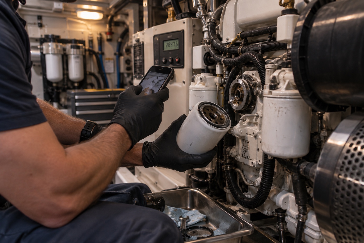 Marine engineer completing a generator service in the engine room