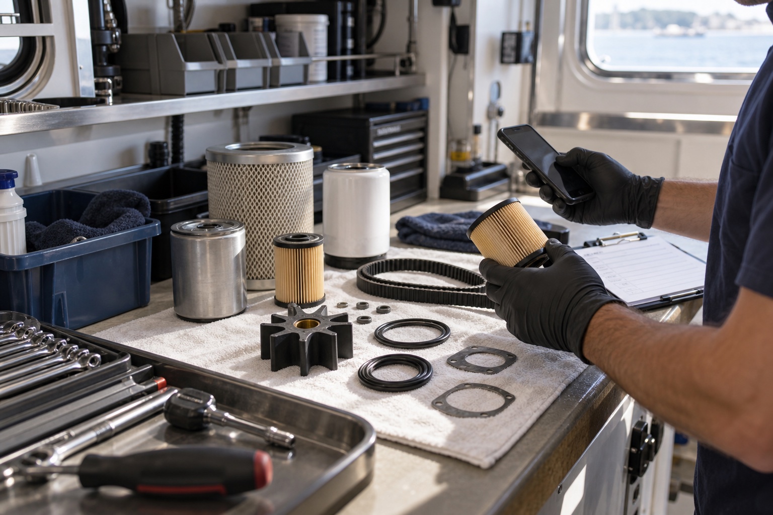 Marine filters, belts, and impeller organized for an upcoming service