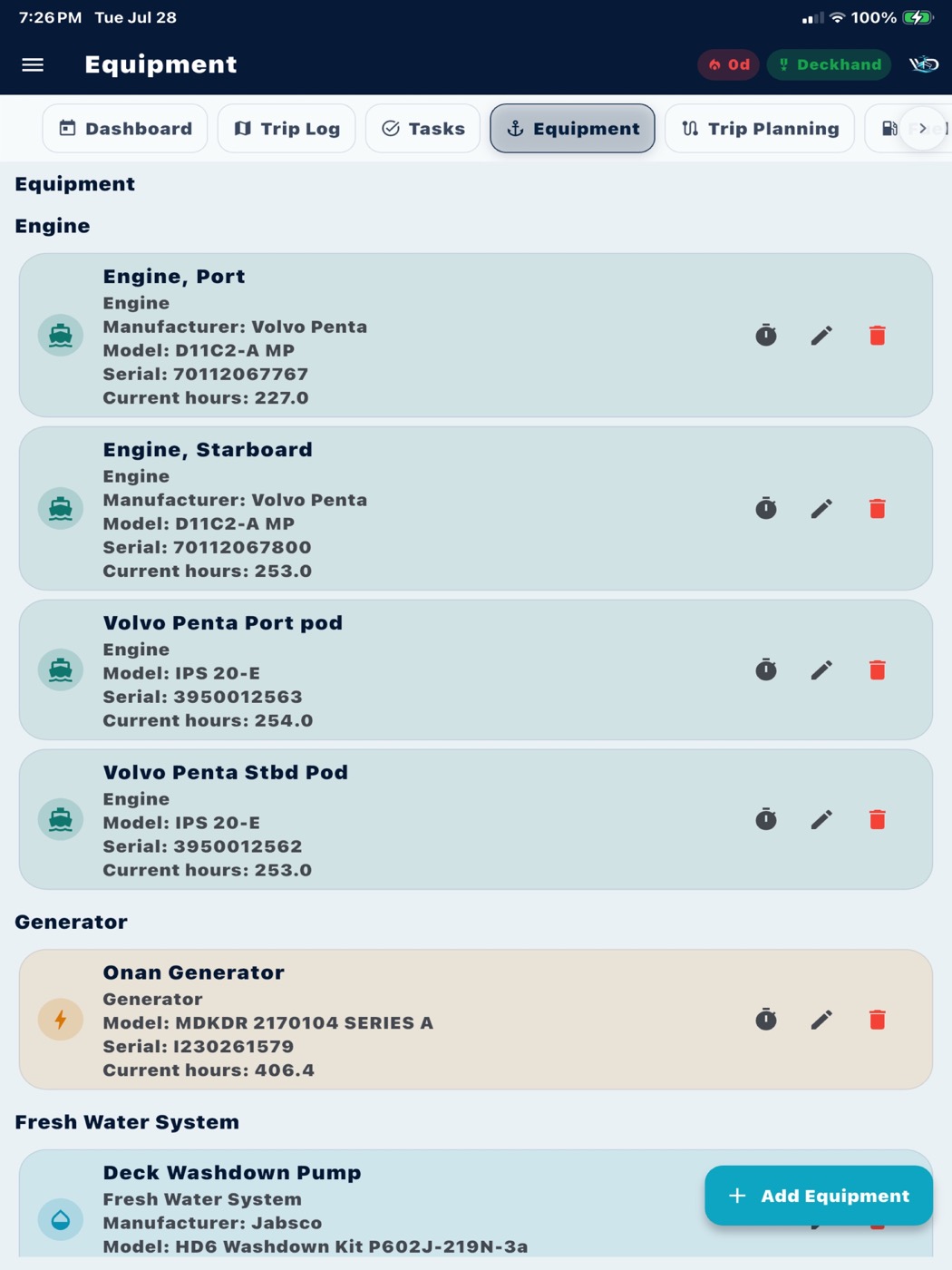 WatchDeck equipment list with machinery hours and vessel systems
