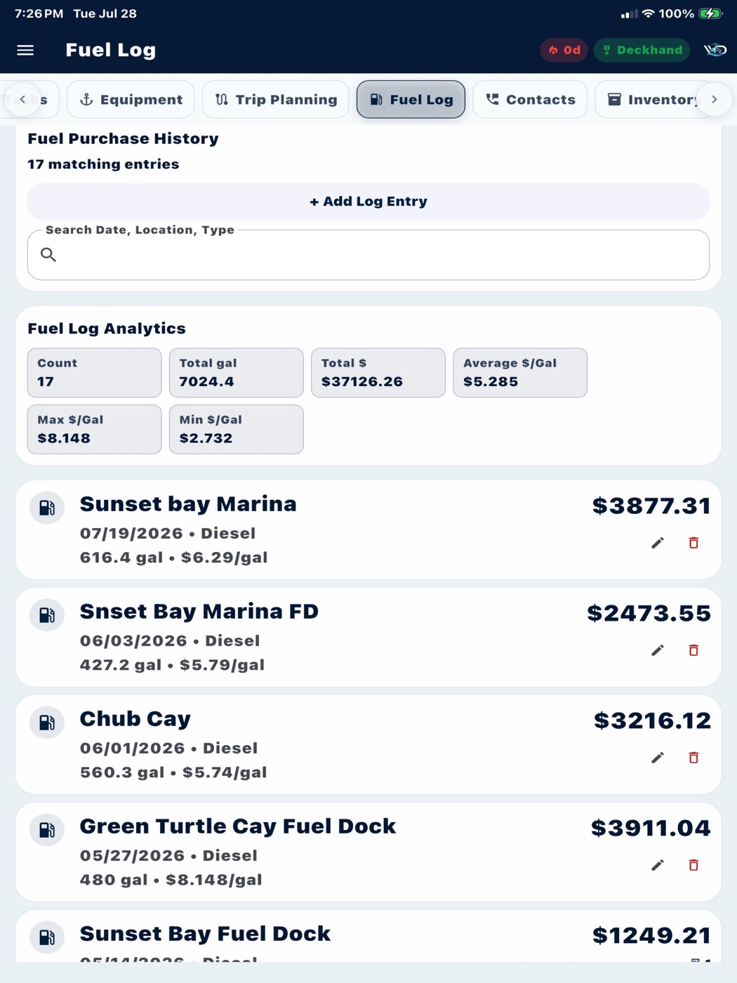 WatchDeck fuel log with purchase history and cost analytics