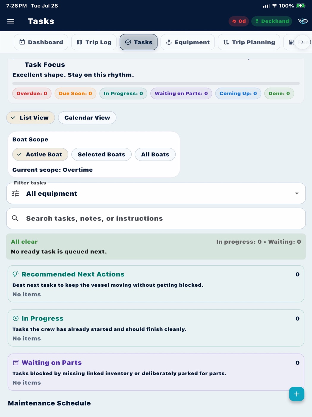 Maintenance task with service requirements