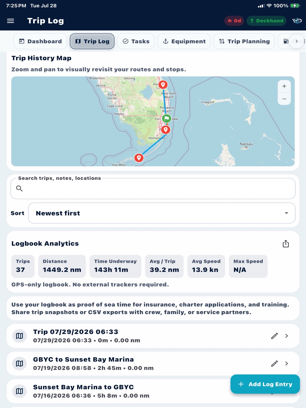 WatchDeck trip log with route map and passage history
